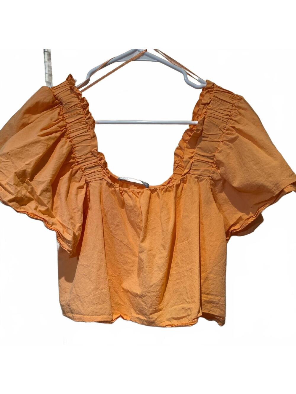 Zara Top Womens SIZE S Orange Cropped Puff Sleeve Off the Shoulder Blouse